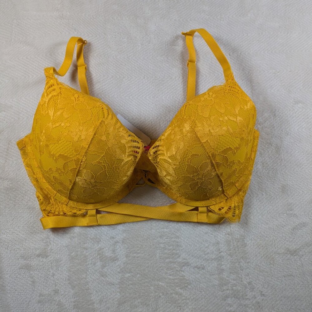 La Senza Beyond Sexy Ultimate Plunge Bra 36DD Yellow Lace Underwire
